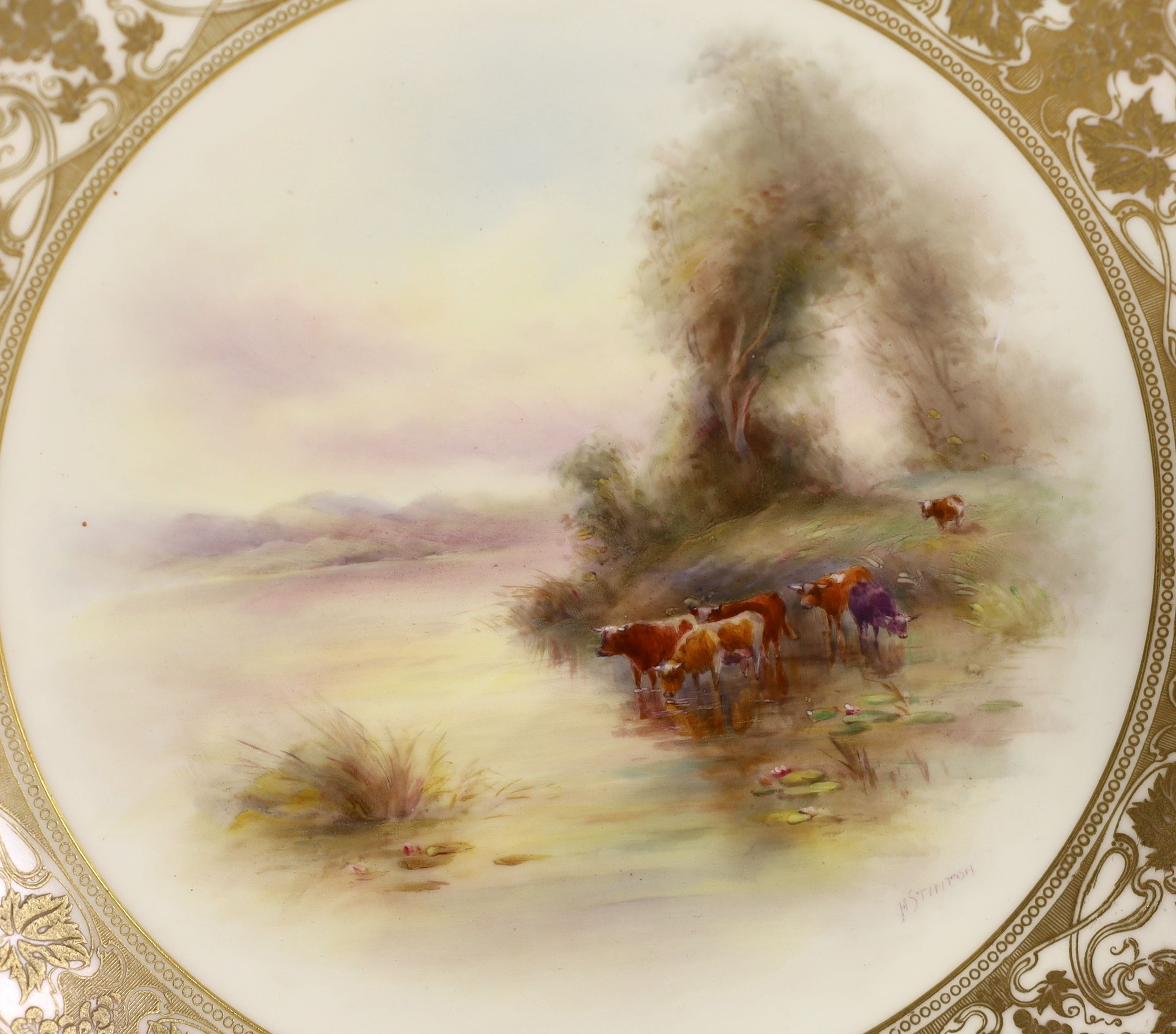 Two Royal Worcester Stinton painted ‘cattle at dusk’ plates, c.1912, 23 cm diameter